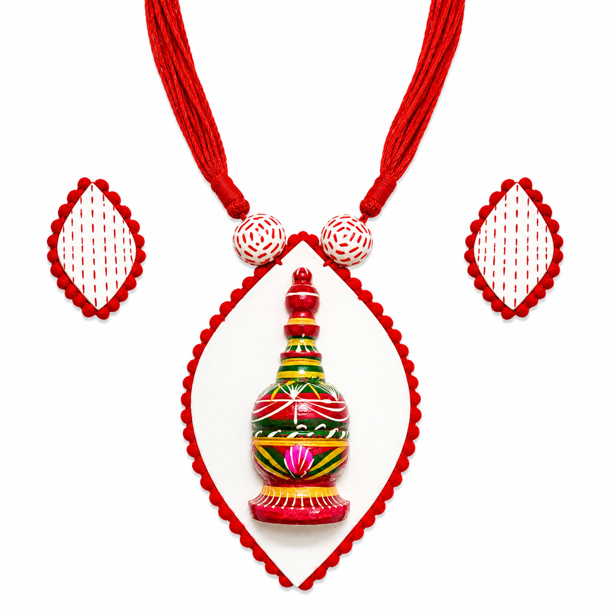 White Handcrafted wooden Sindhora Fabric Pendant Set