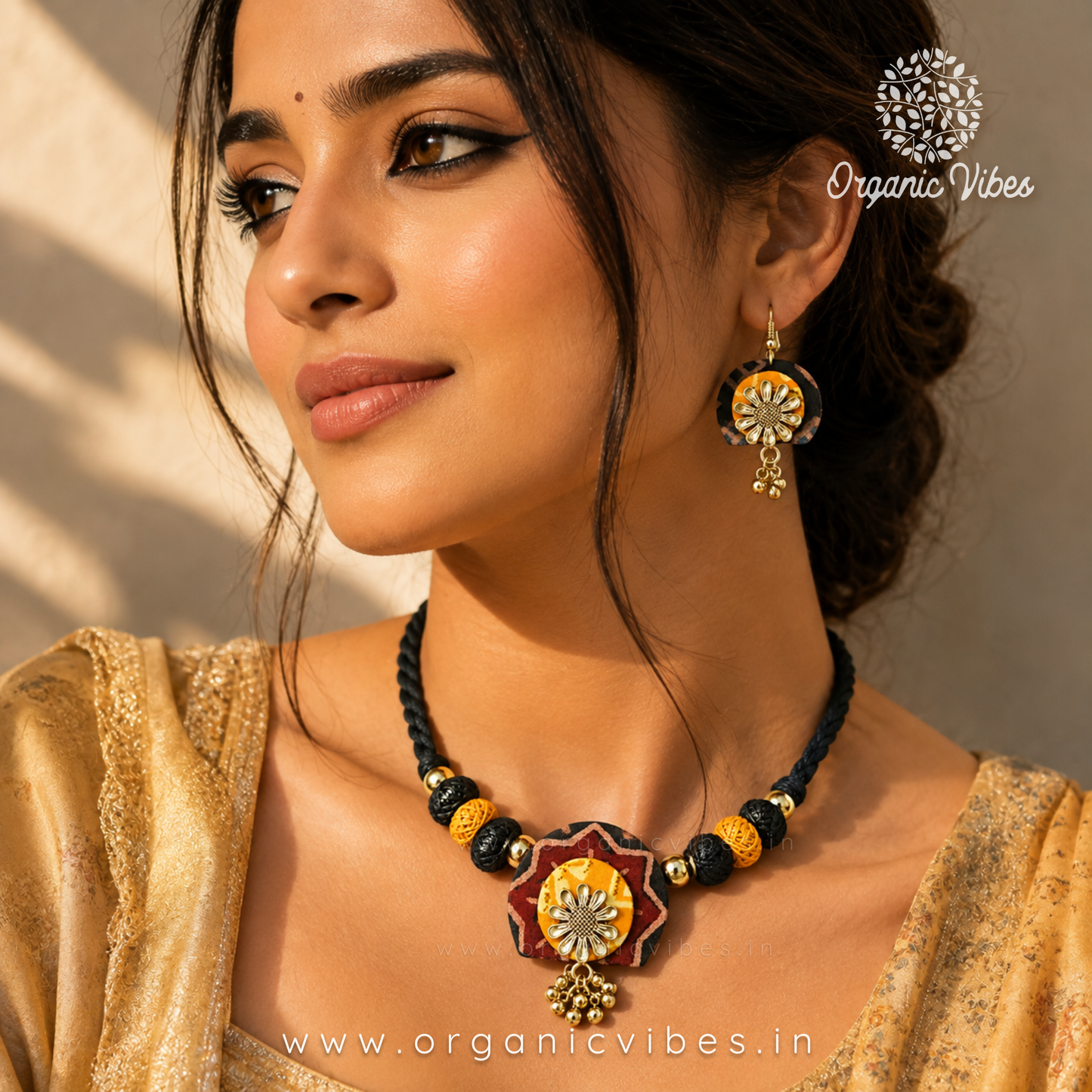 Handcrafted Black-Yellow Floral Fabric Choker Necklace Set with Earrings