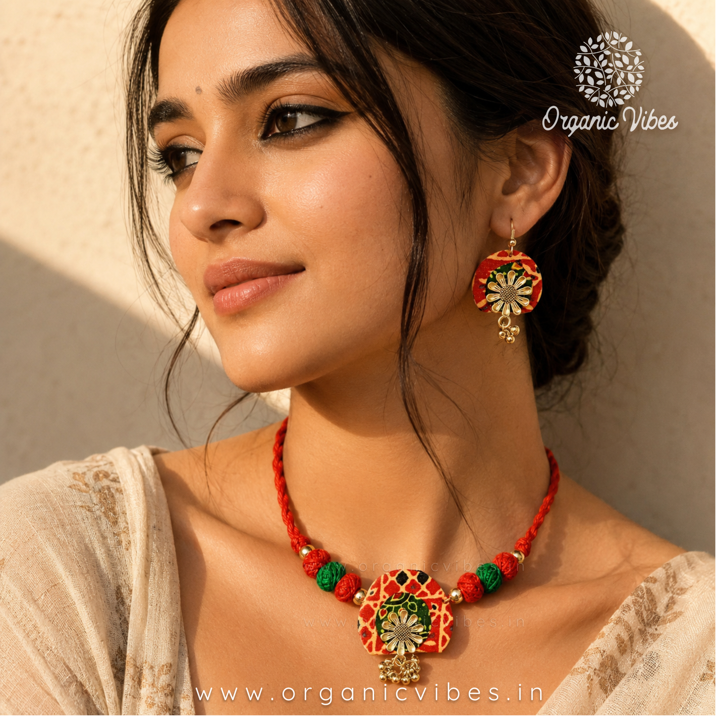 Handcrafted Red Floral Fabric Choker Necklace Set with Earrings