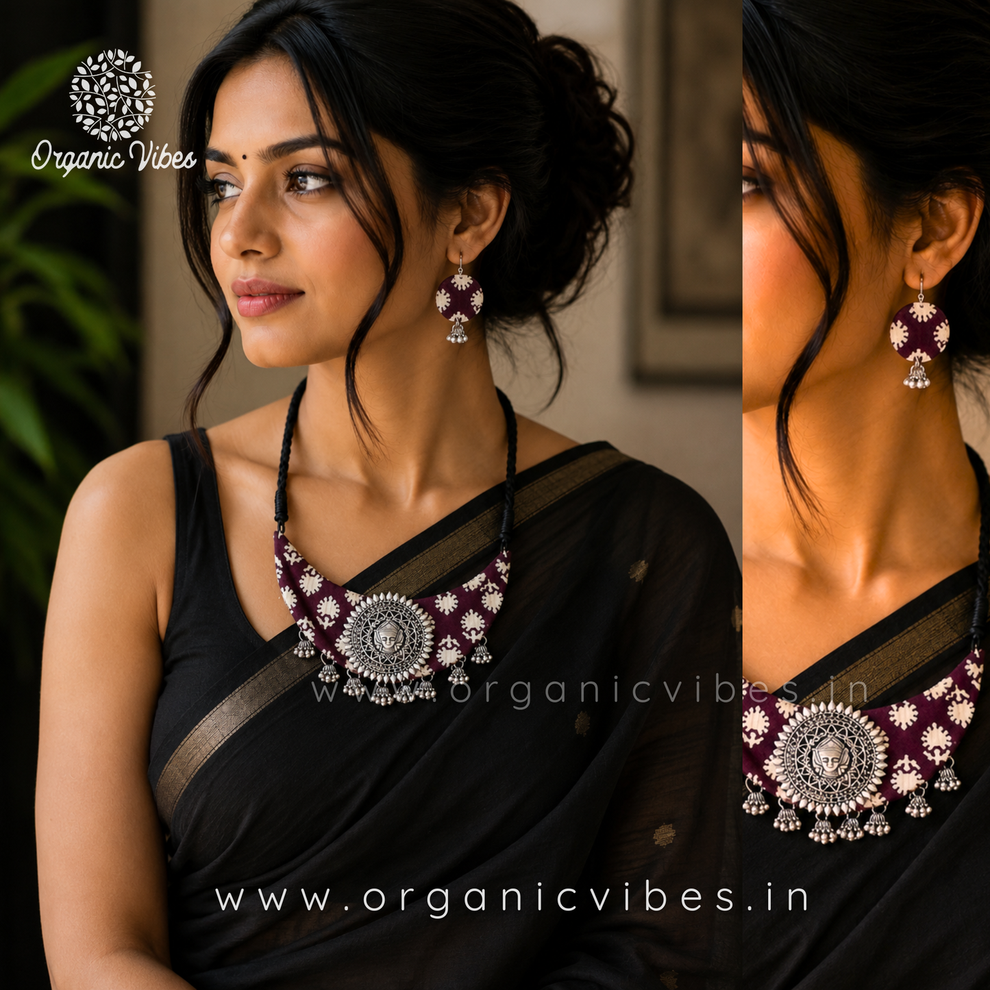 Handmade Floral Hand Block Printed Brown Fabric Necklace Set For Women