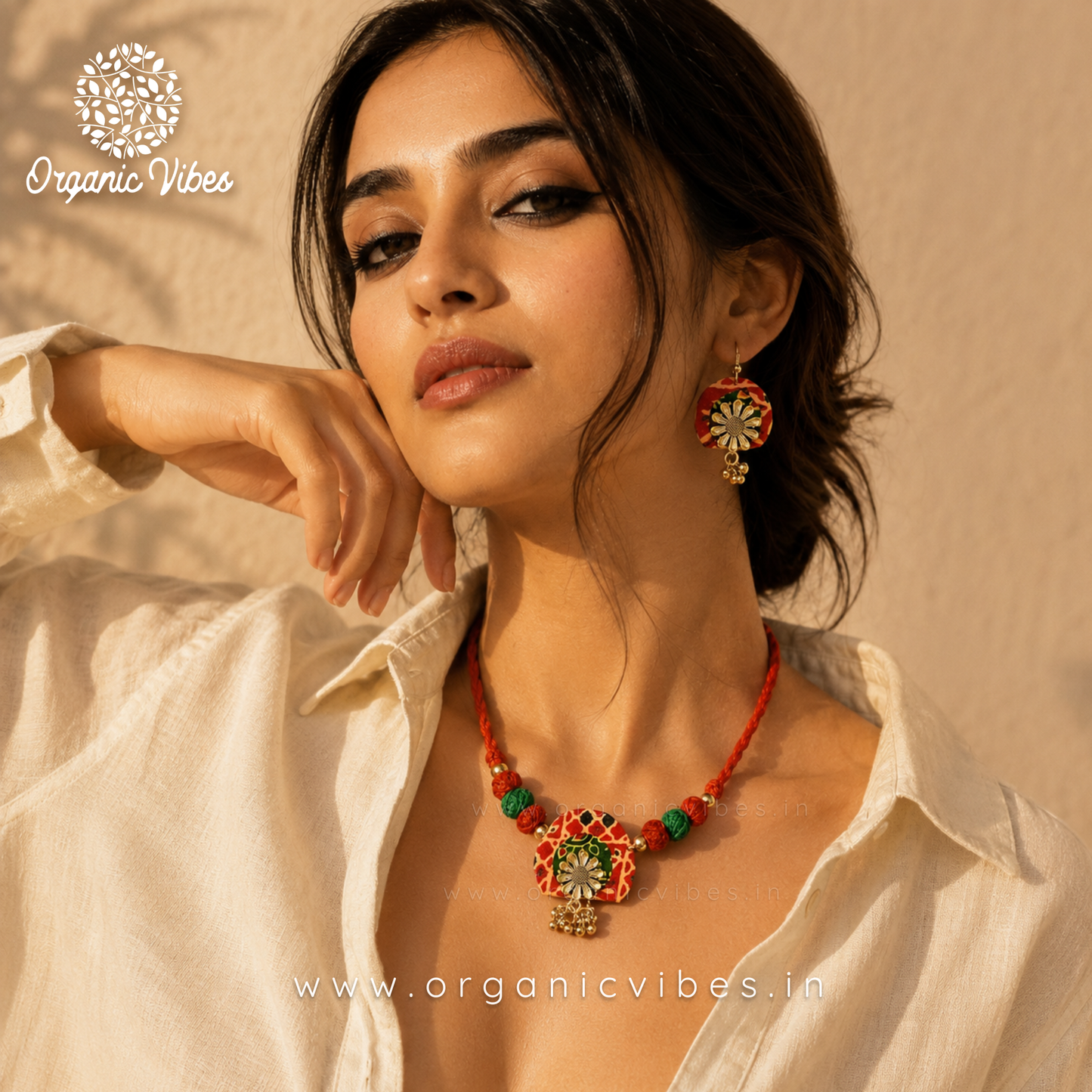 Handcrafted Red Floral Fabric Choker Necklace Set with Earrings
