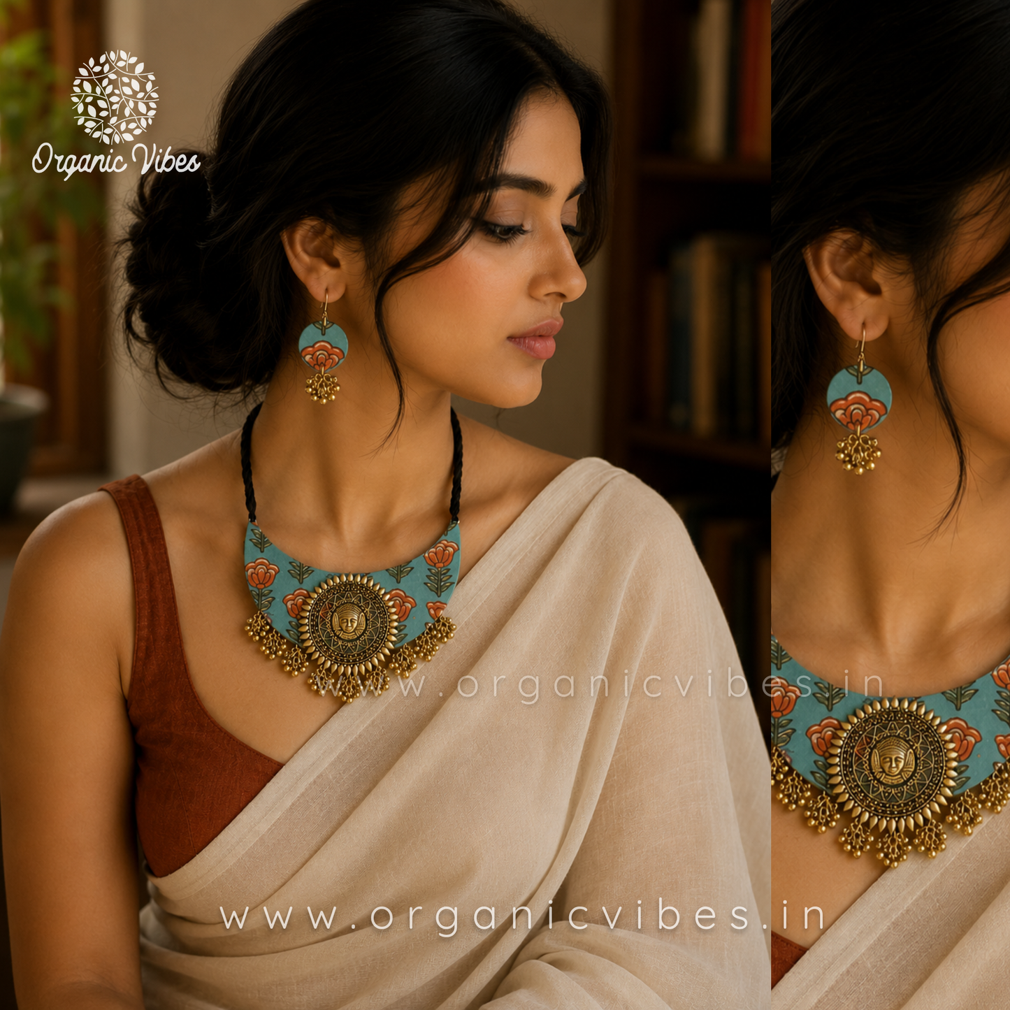 Handmade Blue Floral Durga Fabric Necklace Set For Women