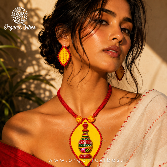 Yellow Handcrafted wooden Sindhora Fabric Pendant Set