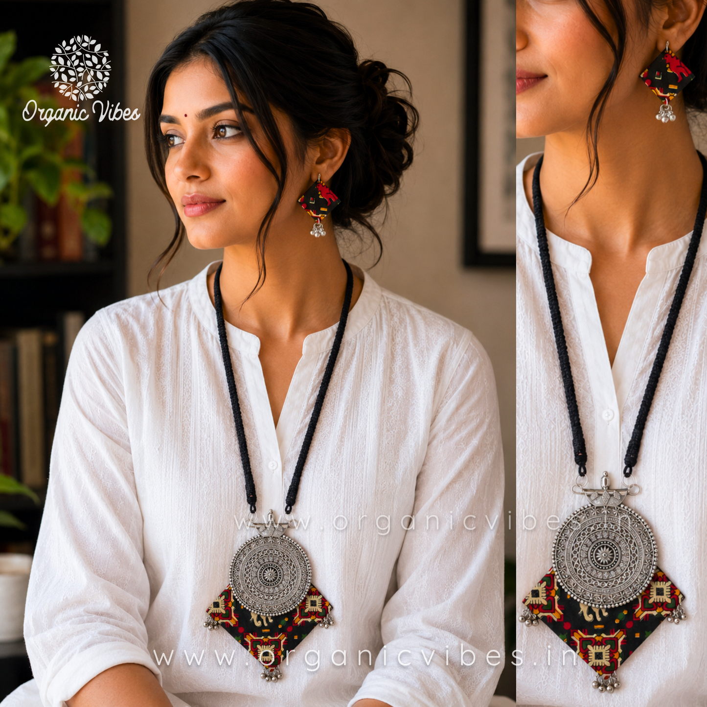 Handmade Black Printed Temple Design Fabric Pendant Set For Women