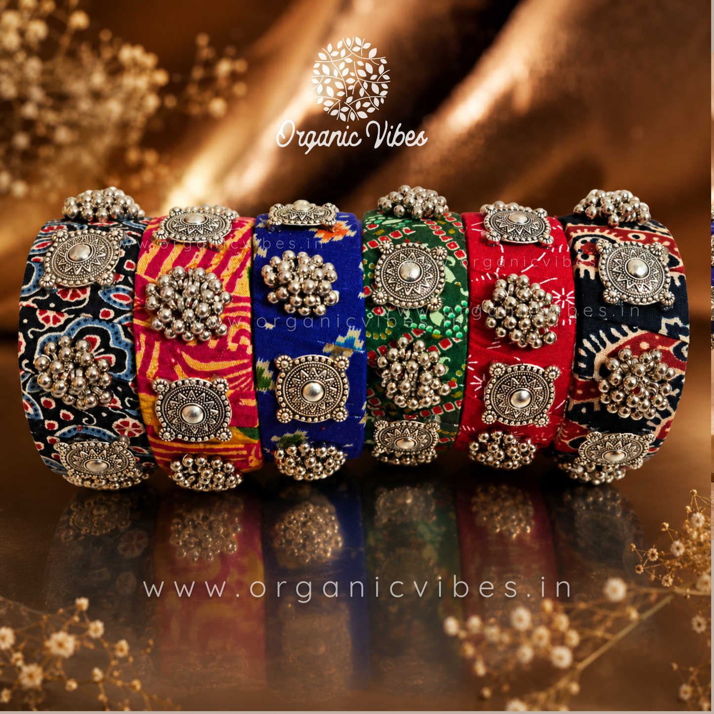 Handmade Colorful Fabric Bangle Set of 6 | Thick Textile Bangles with Oxidized Charms & Ghungroos | Sustainable Ethnic Jewelry for Women