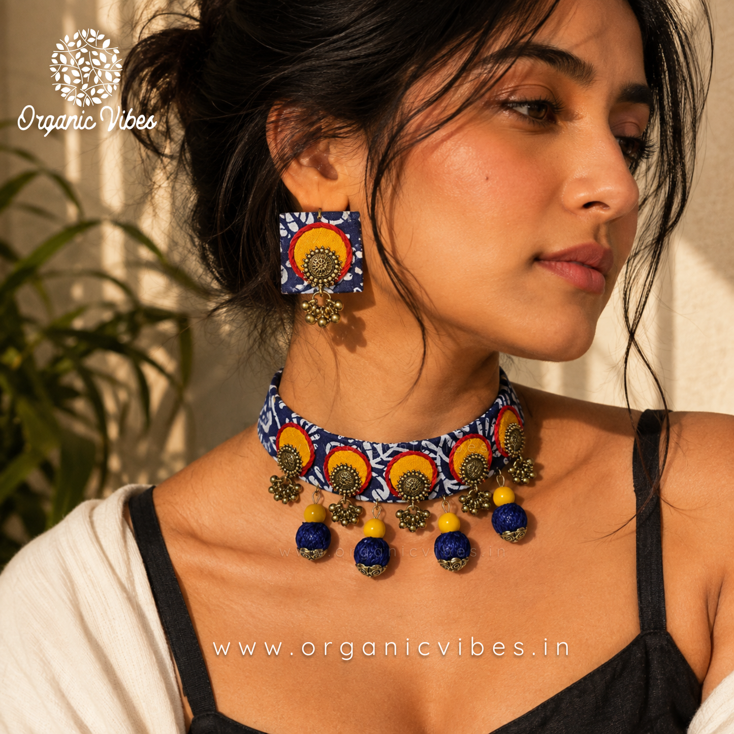 Handcrafted Indigo Blue Fabric Choker Necklace Set with Earrings