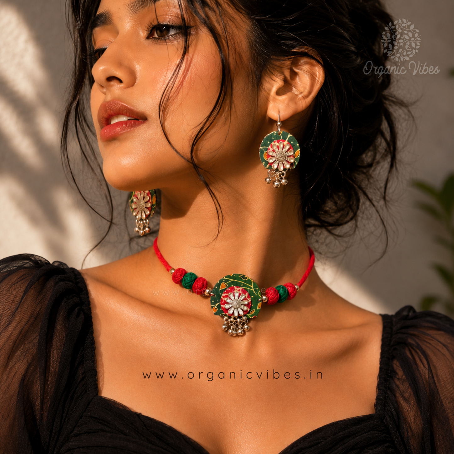Handcrafted Green Floral Fabric Choker Necklace Set with Earrings