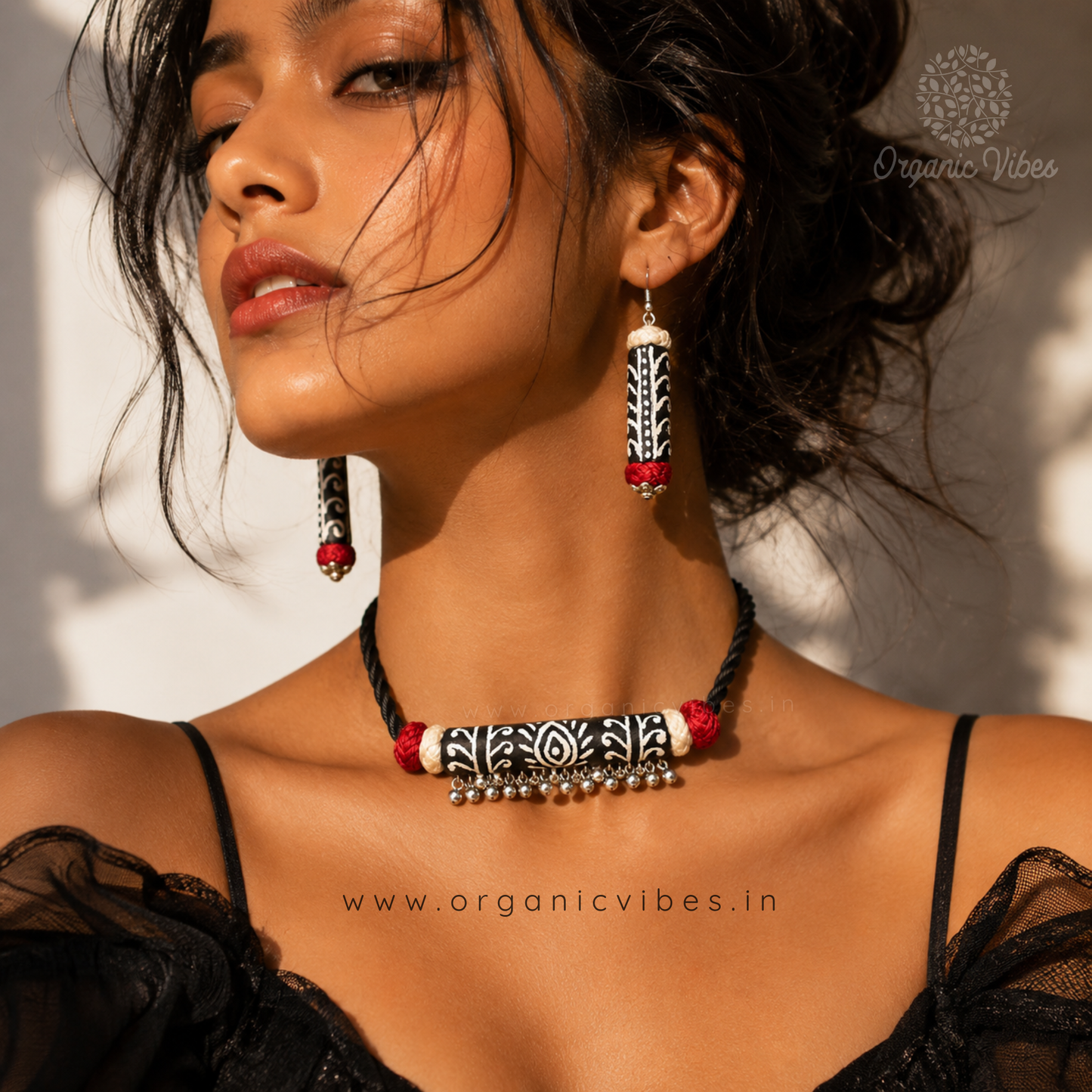 Handcrafted Black White Tribal Fabric Choker Necklace Set with Earrings