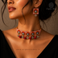 Handcrafted Red Check Fabric Choker Necklace Set with Earrings