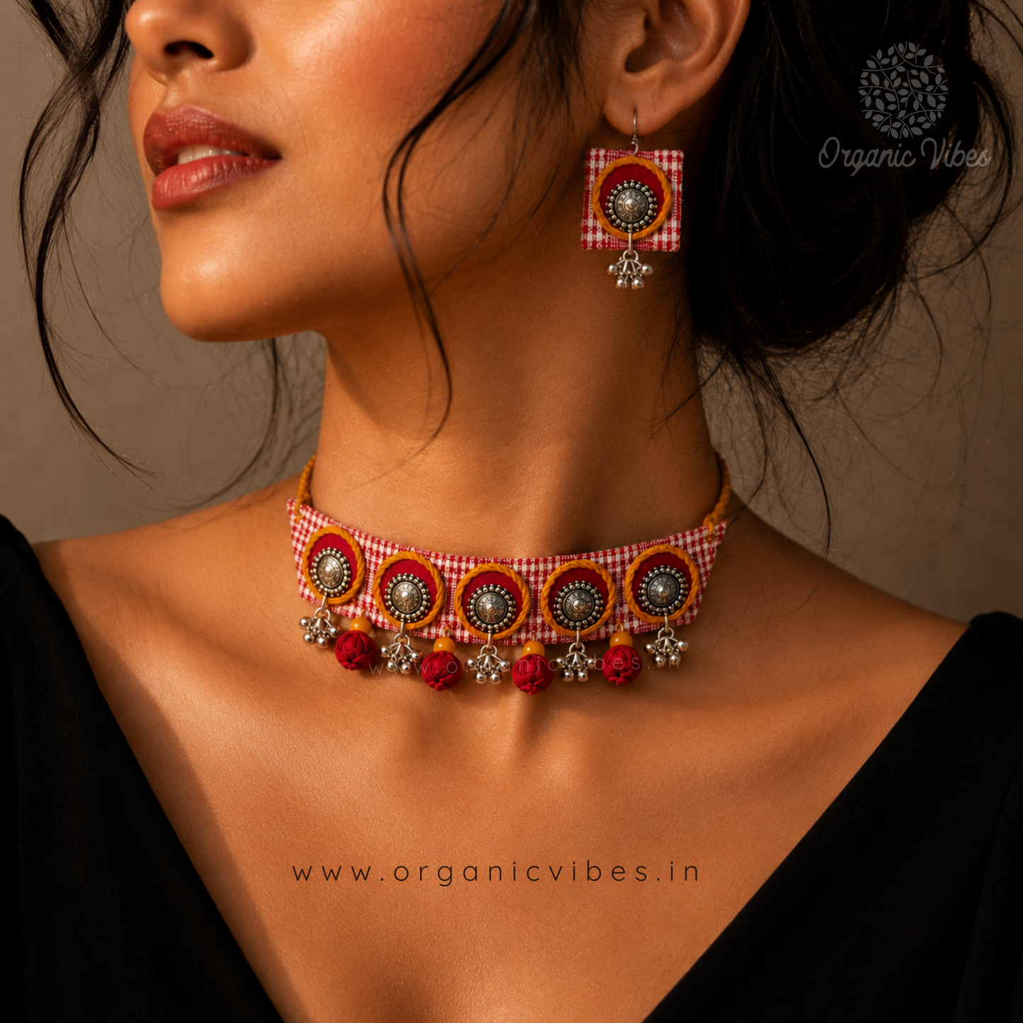Handcrafted Red Check Fabric Choker Necklace Set with Earrings