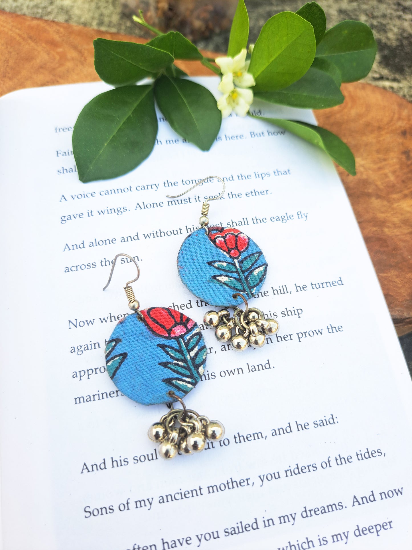Handcrafted Blue Fabric Dangler Earrings with Silver Ghungroo Charm for Women