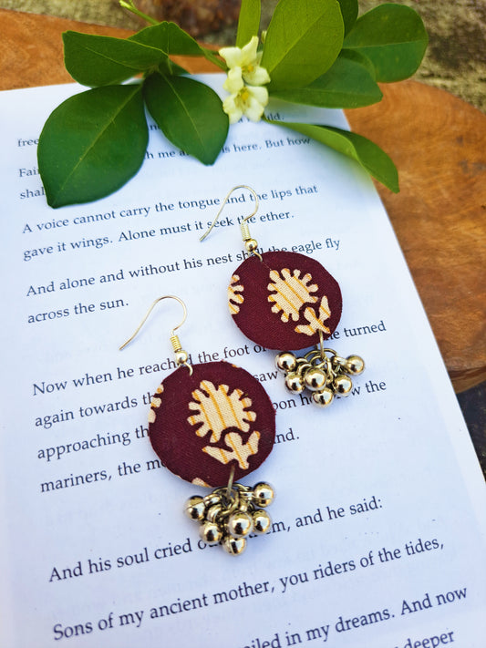 Handcrafted Maroon Fabric Dangler Earrings with Silver Ghungroo Charm for Women