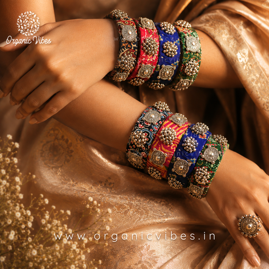 Handmade Colorful Fabric Bangle Set of 2 | Thick Textile Bangles with Oxidized Charms & Ghungroos | Sustainable Ethnic Jewelry for Women