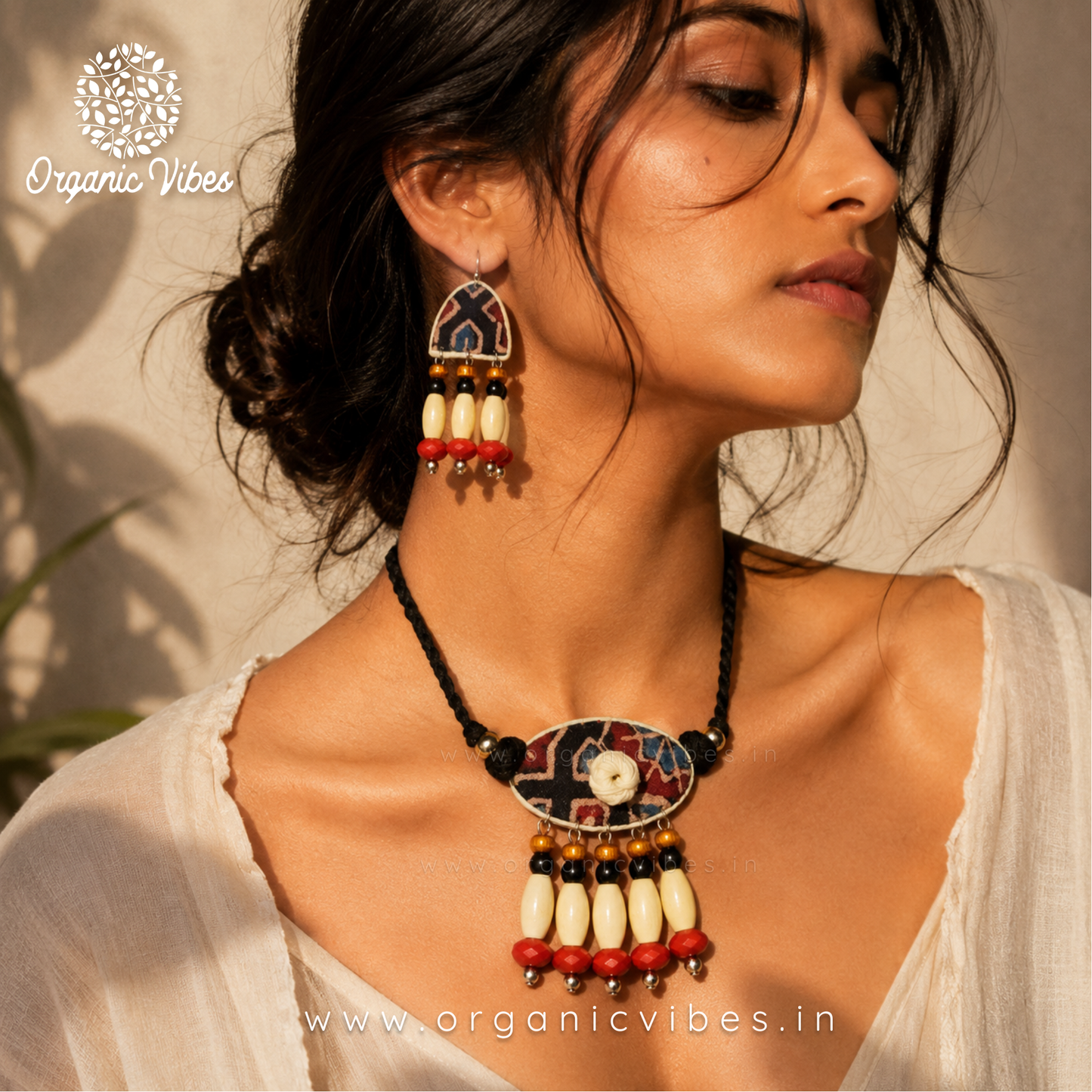 Handcrafted Black Ajrakh Fabric Choker Set with Boho wooden beads