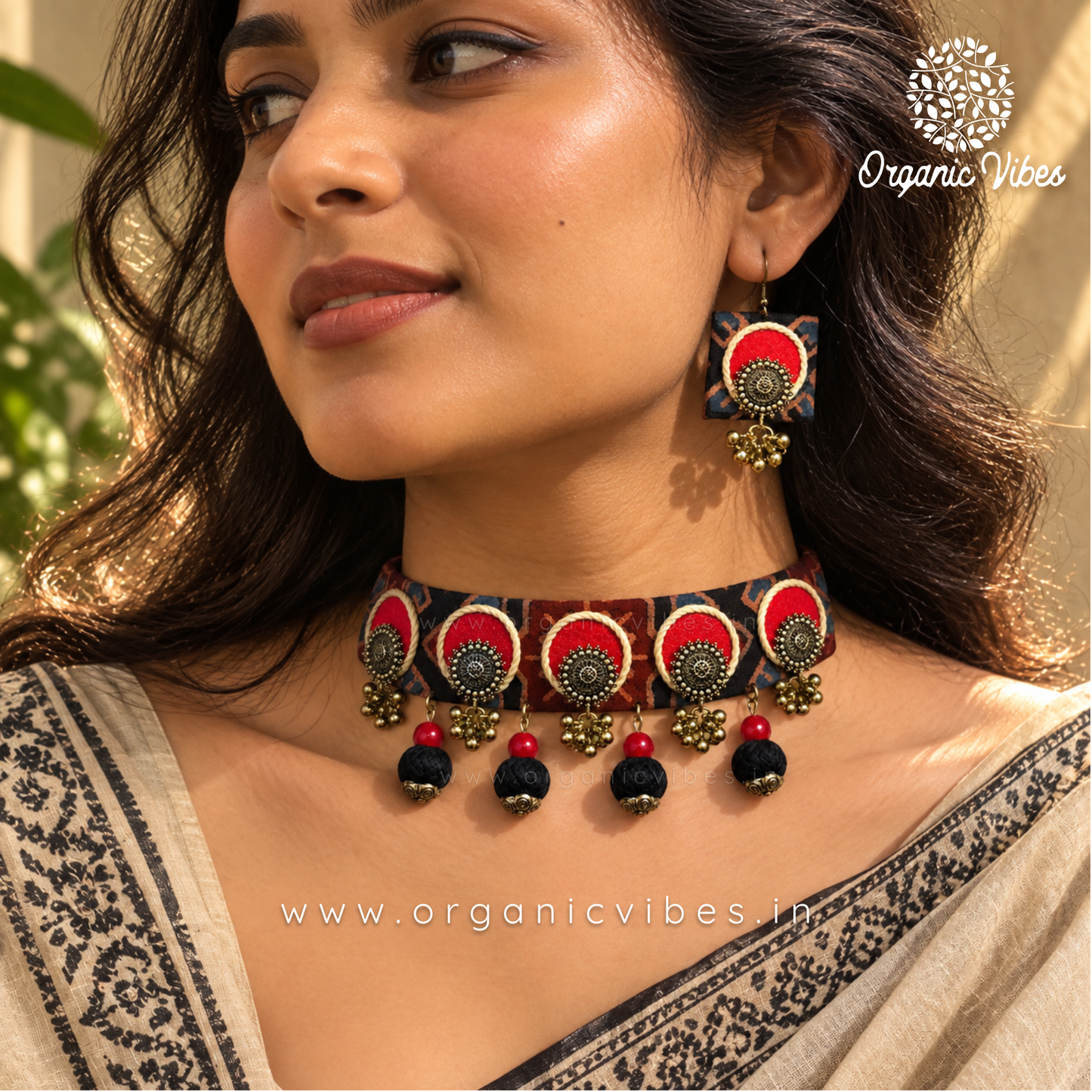 Handcrafted Black Red Ajrakh Fabric Choker Necklace Set with Earrings