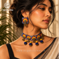 Handcrafted Indigo Blue Fabric Choker Necklace Set with Earrings