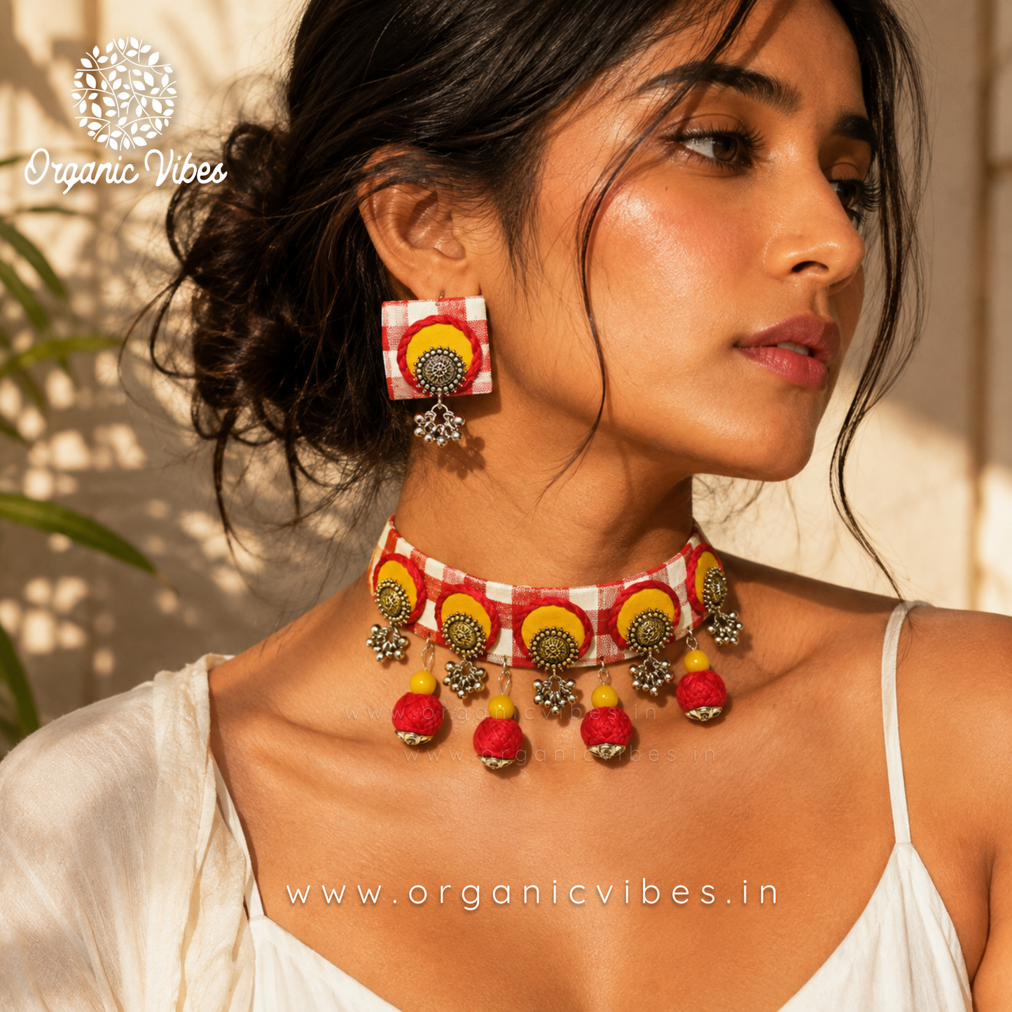 Handcrafted Red-White Check Fabric Choker Necklace Set with Earrings