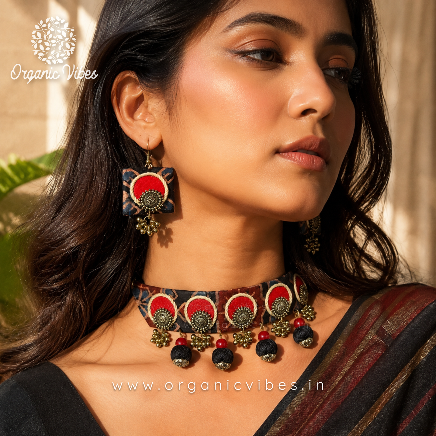 Handcrafted Black Red Ajrakh Fabric Choker Necklace Set with Earrings