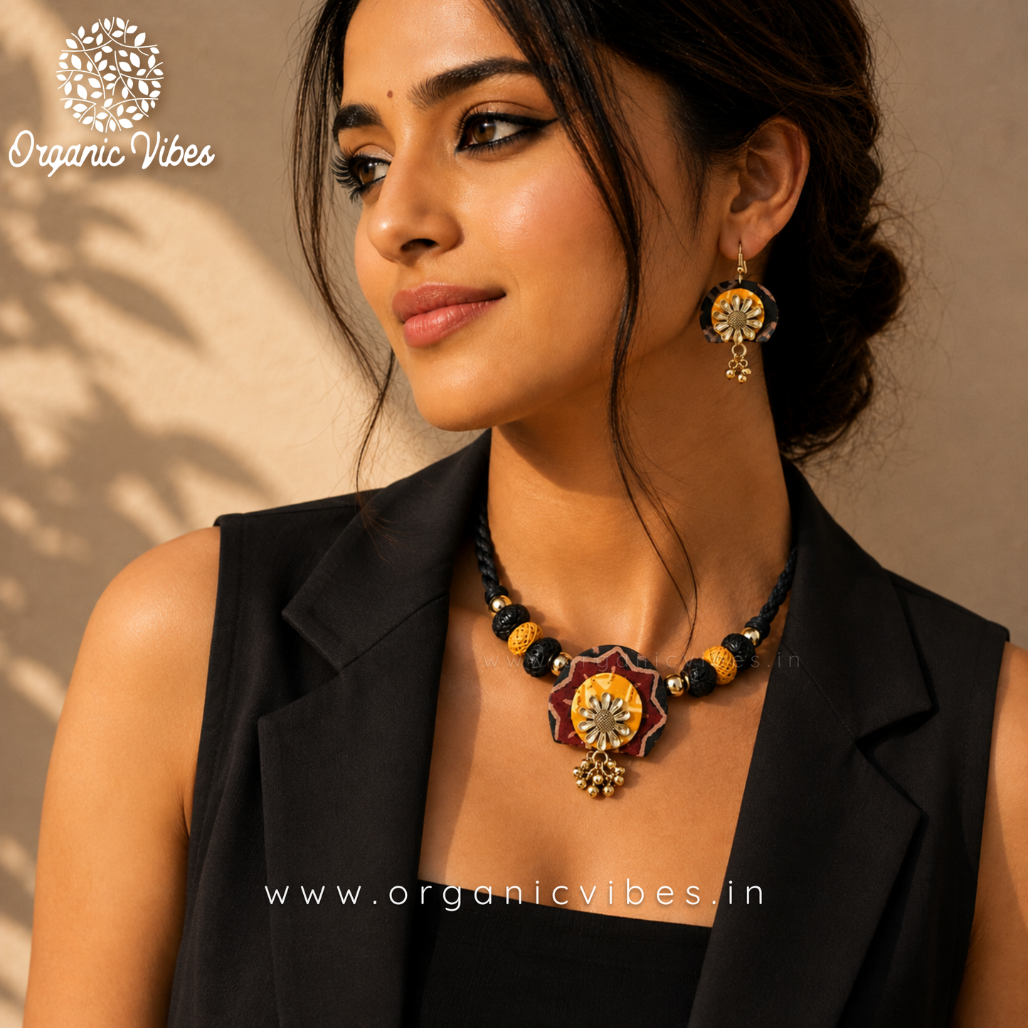 Handcrafted Black-Yellow Floral Fabric Choker Necklace Set with Earrings