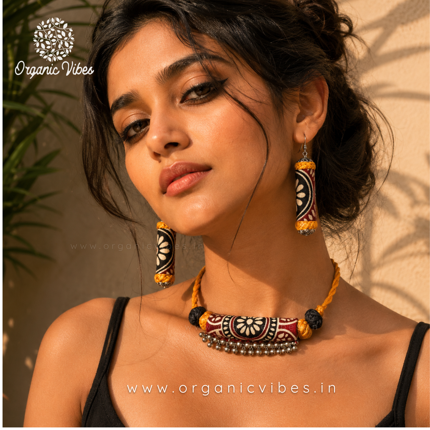 Handcrafted Maroon Ajrakh Fabric Choker Necklace Set with Earrings