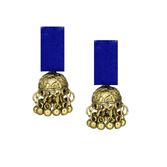 Handcrafted Blue Fabric Earrings with Golden Brass Jhumki