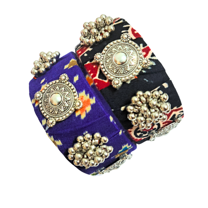 Handmade Colorful Fabric Bangle Set of 2 | Thick Textile Bangles with Oxidized Charms & Ghungroos | Sustainable Ethnic Jewelry for Women