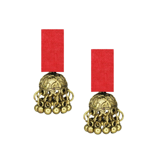 Handcrafted Red Fabric Earrings with Golden Brass Jhumki