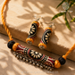 Handcrafted Maroon Ajrakh Fabric Choker Necklace Set with Earrings