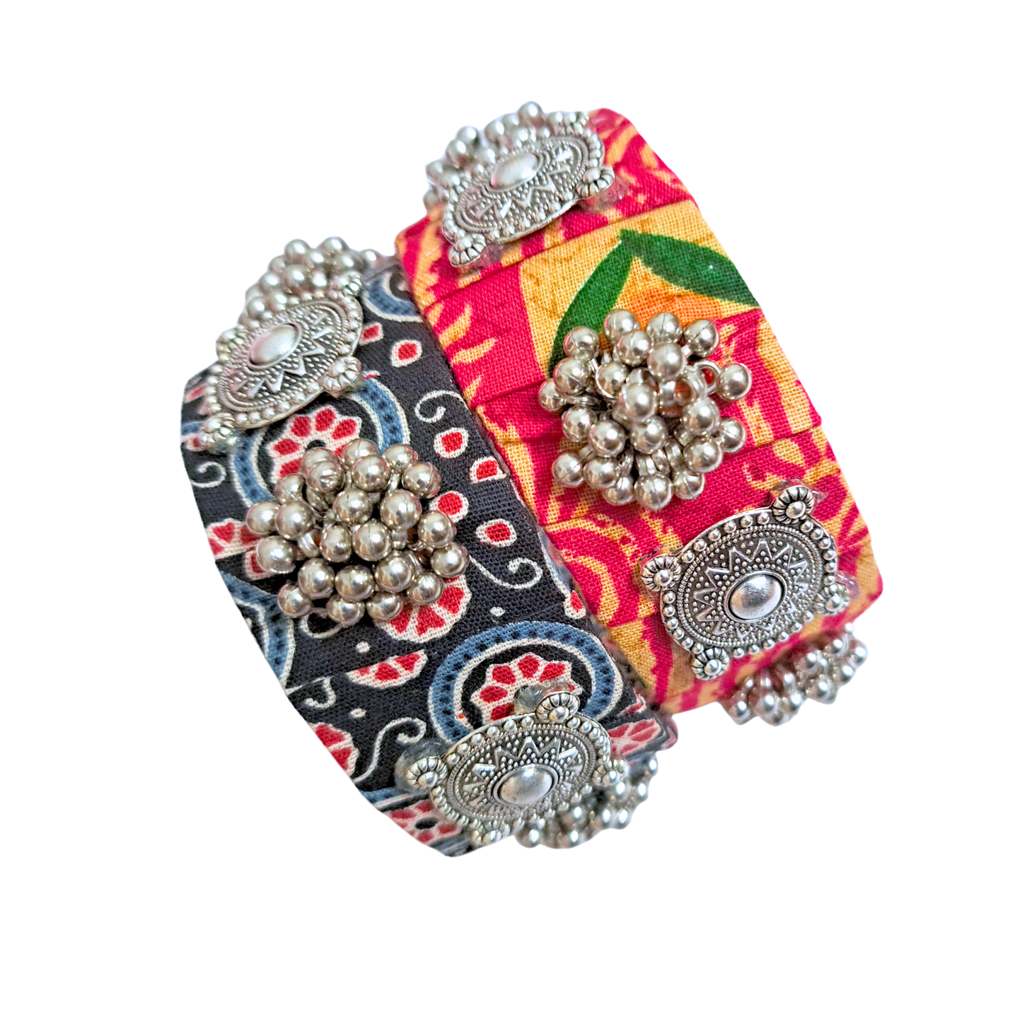 Handmade Colorful Fabric Bangle Set of 2 | Thick Textile Bangles with Oxidized Charms & Ghungroos | Sustainable Ethnic Jewelry for Women