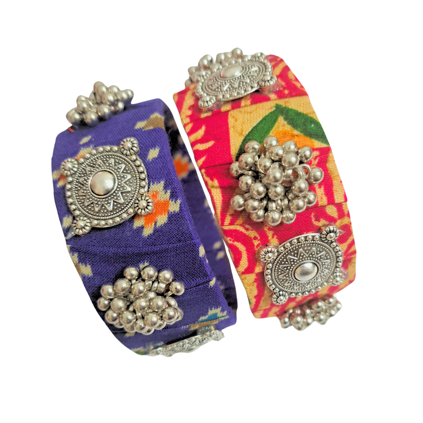 Handmade Colorful Fabric Bangle Set of 2 | Thick Textile Bangles with Oxidized Charms & Ghungroos | Sustainable Ethnic Jewelry for Women