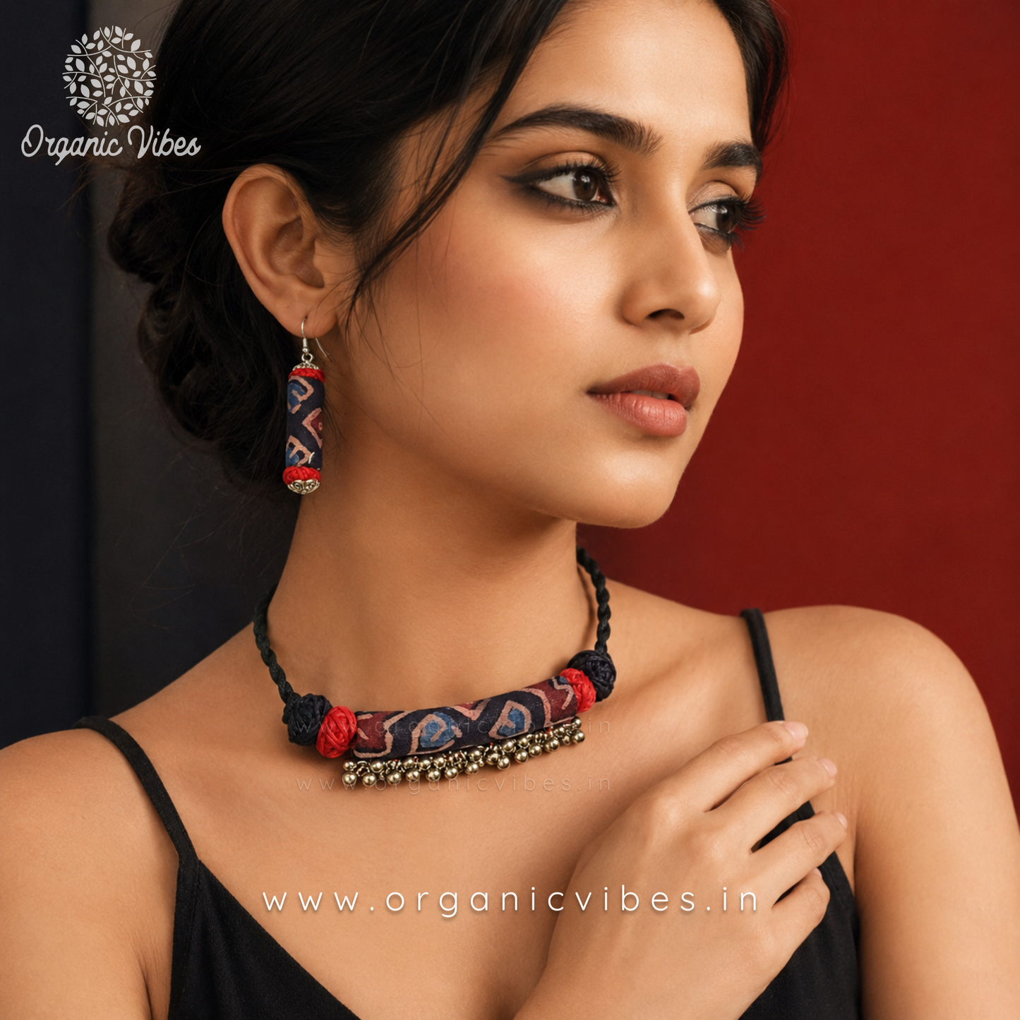 Handcrafted Black Ajrakh Fabric Ghunghroo Choker Necklace Set with Earrings