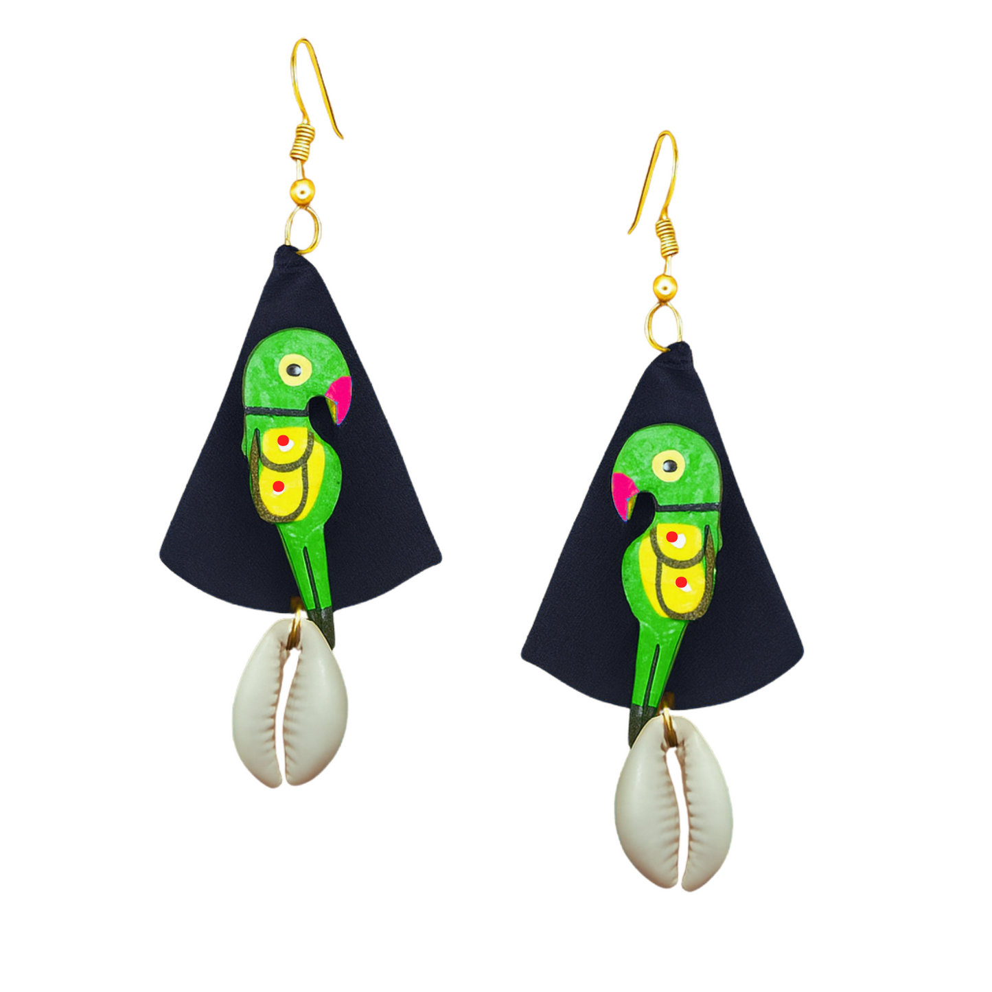 Sustainable Fabric Earrings with Wooden Parrots & Cowrie Shells – Handcrafted Boho Jewelry
