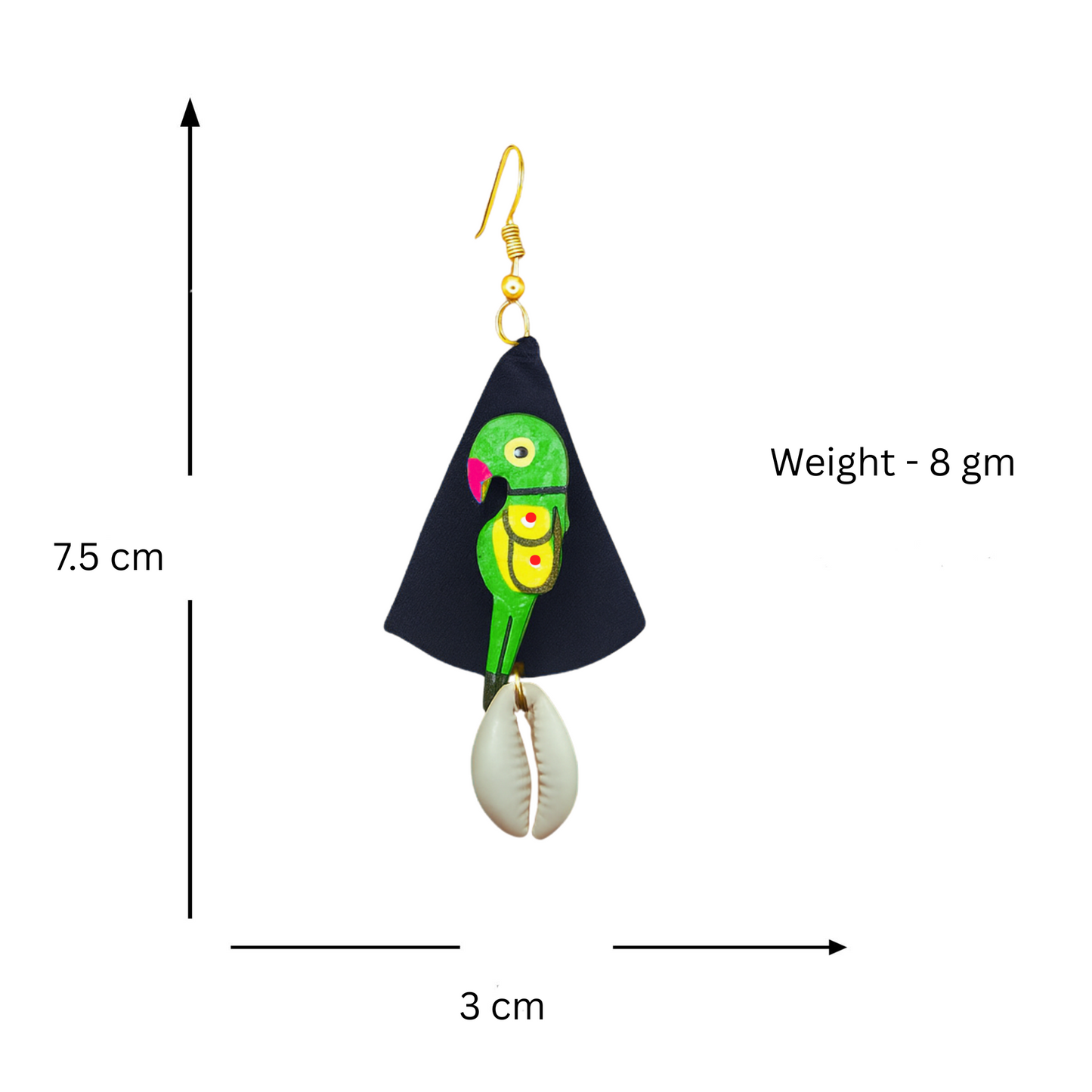 Sustainable Fabric Earrings with Wooden Parrots & Cowrie Shells – Handcrafted Boho Jewelry