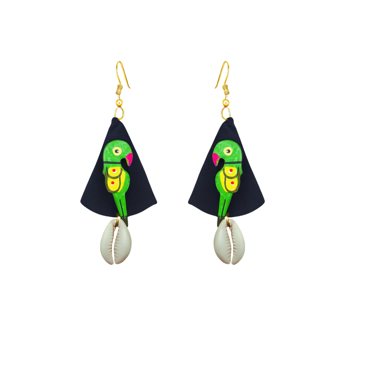 Sustainable Fabric Earrings with Wooden Parrots & Cowrie Shells – Handcrafted Boho Jewelry