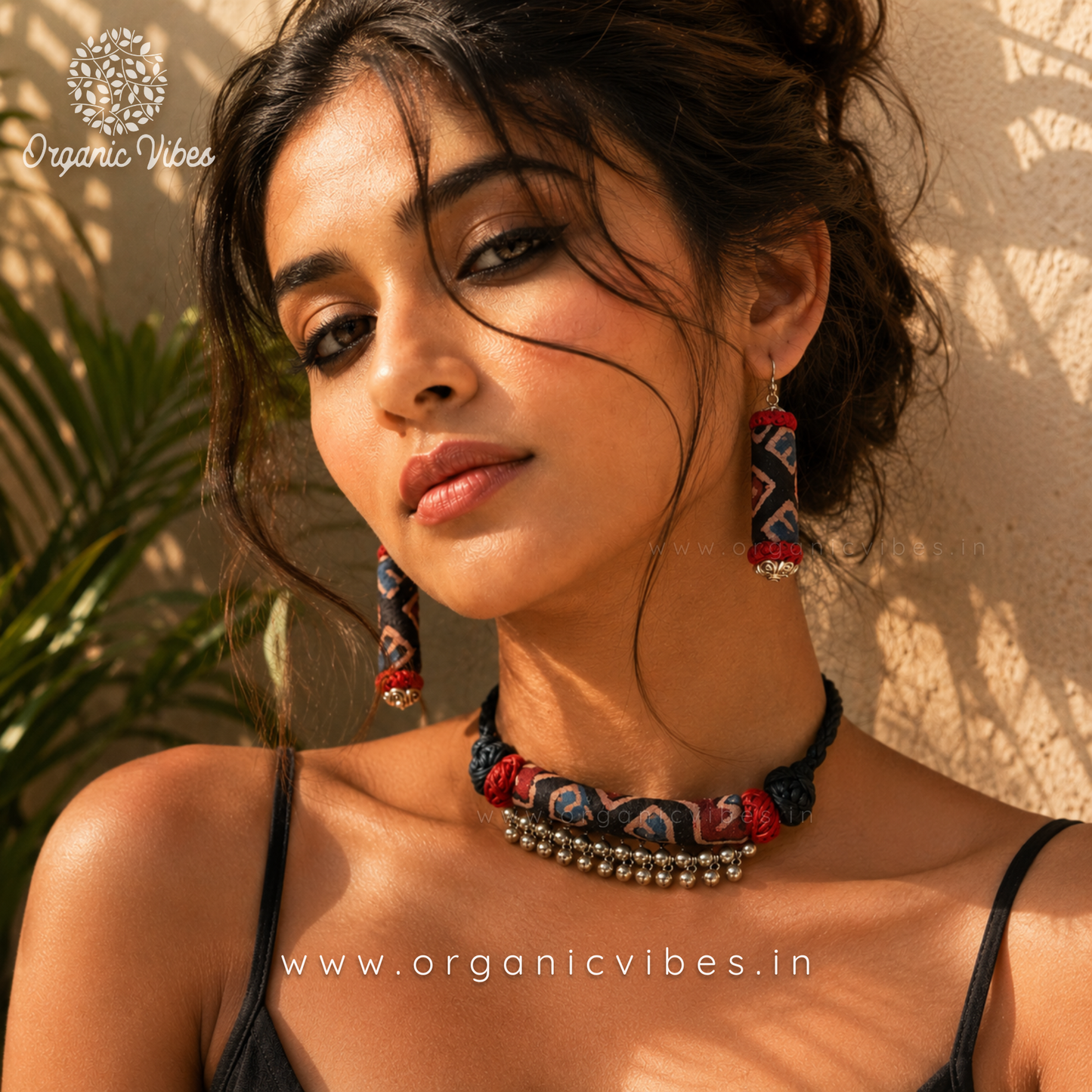 Handcrafted Black Ajrakh Fabric Ghunghroo Choker Necklace Set with Earrings