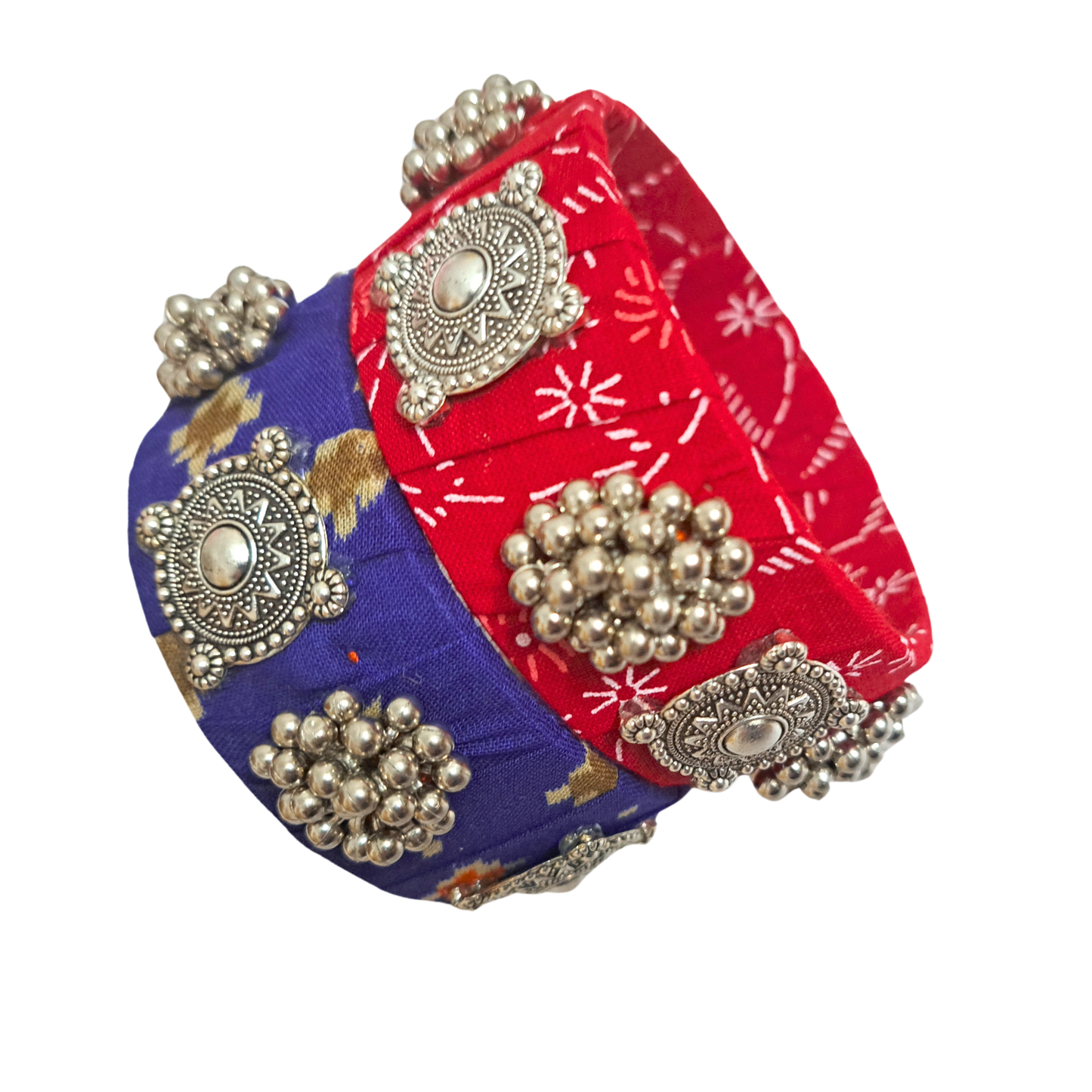 Handmade Colorful Fabric Bangle Set of 2 | Thick Textile Bangles with Oxidized Charms & Ghungroos | Sustainable Ethnic Jewelry for Women
