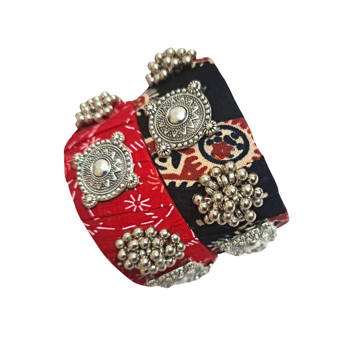 Handmade Colorful Fabric Bangle Set of 2 | Thick Textile Bangles with Oxidized Charms & Ghungroos | Sustainable Ethnic Jewelry for Women
