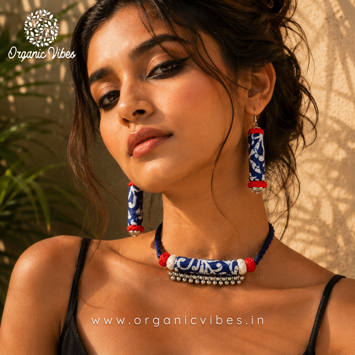 Handcrafted Indigo Blue-Red Fabric Ghunghroo Choker Necklace Set with Earrings