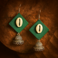 Handcrafted Teal Green Fabric Earrings with Silver Jhumka