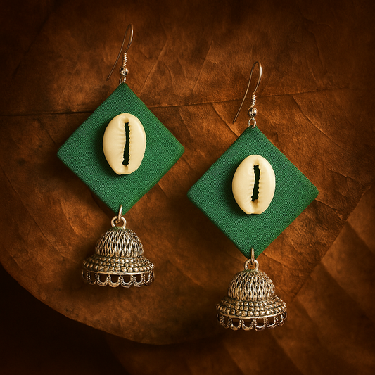 Handcrafted Teal Green Fabric Earrings with Silver Jhumka