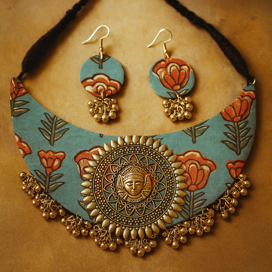 Handmade Blue Floral Durga Fabric Necklace Set For Women
