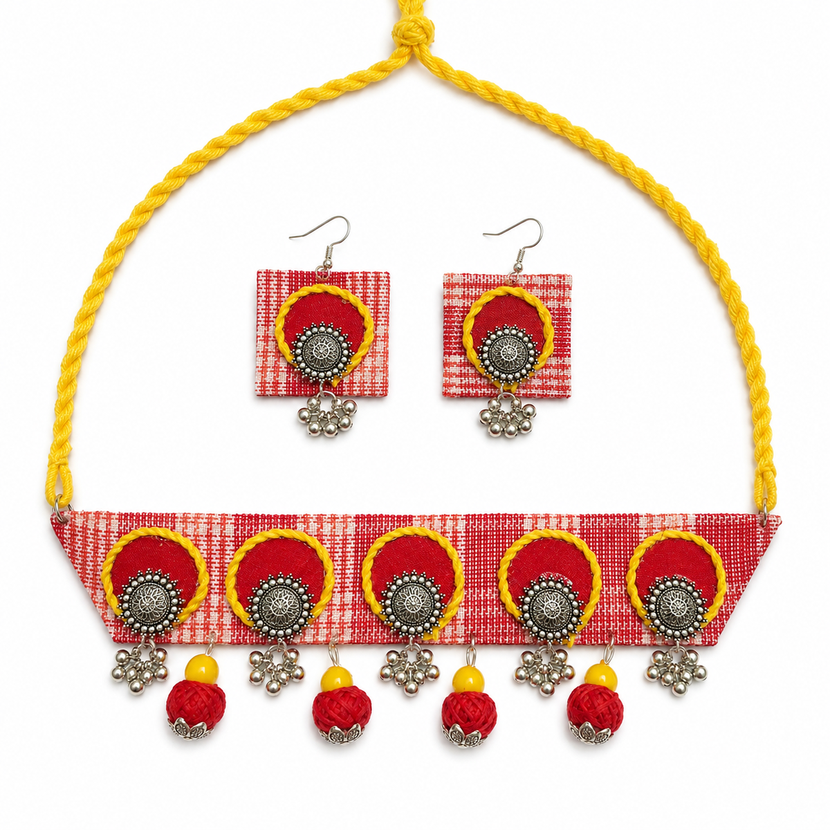 Handcrafted Red Check Fabric Choker Necklace Set with Earrings