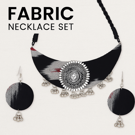 Handmade Black Ikat Printed Durga Fabric Necklace Set For Women