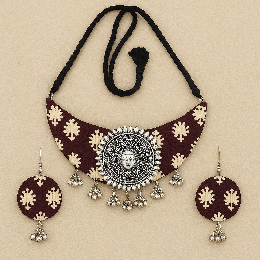 Handmade Floral Hand Block Printed Brown Fabric Necklace Set For Women