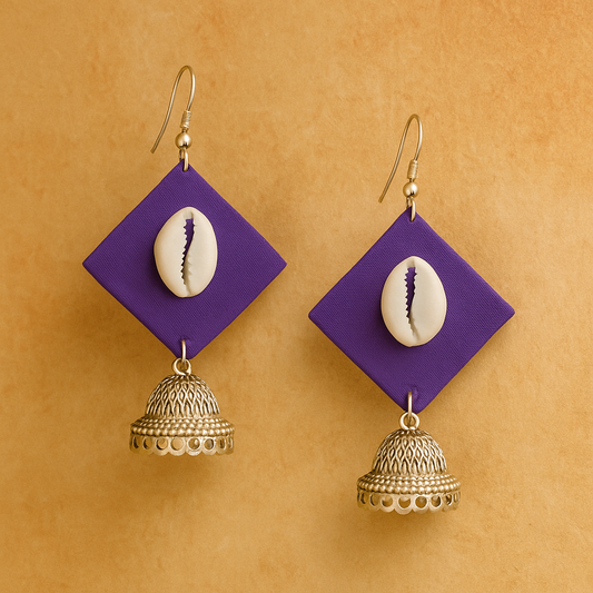Handcrafted Purple Fabric Earrings with Silver Jhumka