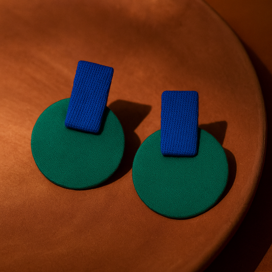 Handmade Blue-Green Minimalistic Geometrical Shape Antique Stud Fabric Earrings For Women