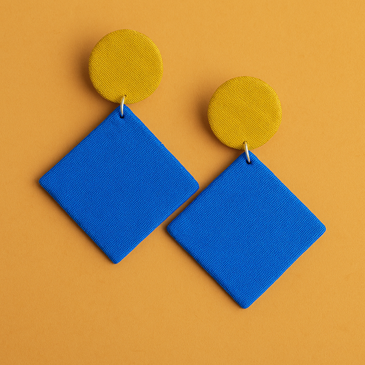 Handmade Blue Olive Minimalistic Geometrical Shape Antique Dangler Fabric Earrings For Women