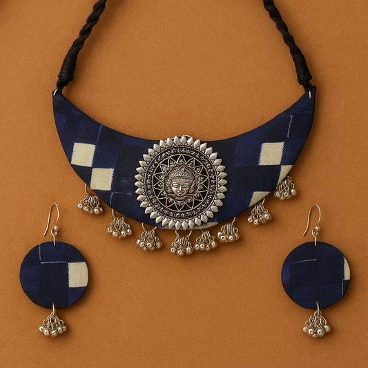 Handmade Blue Block Printed Durga Fabric Necklace Set For Women