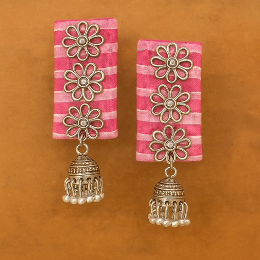 Handmade Pink Floral design Jhumki Fabric Earrings For Women