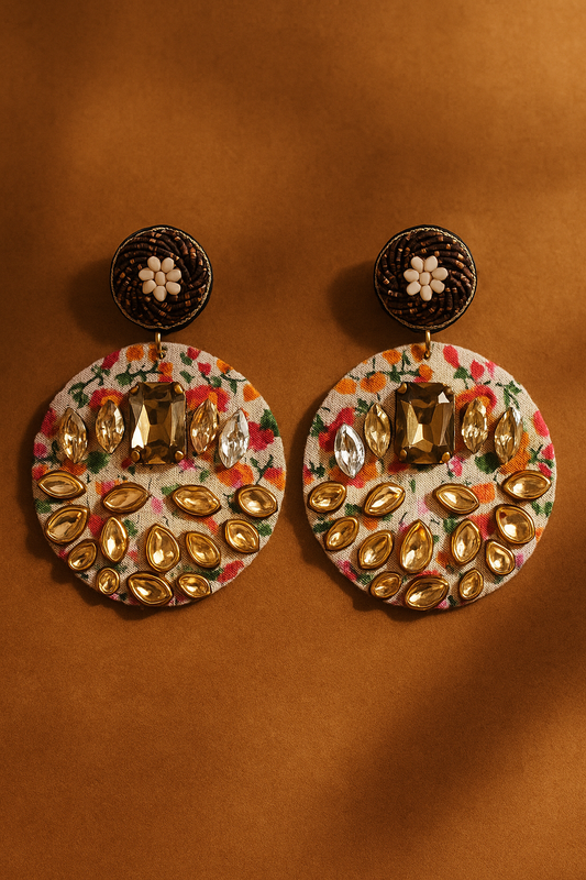 Handmade Floral Design Multi Colour With CZ Stones Dangler Fabric Earrings For Women